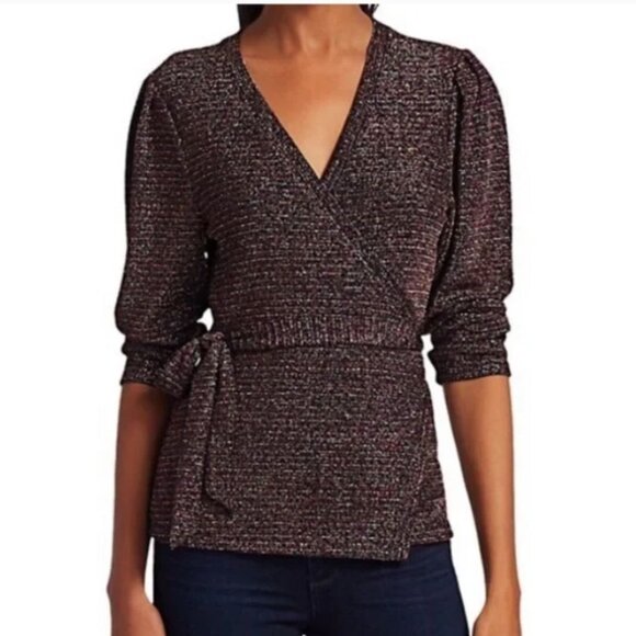 NWT Paige Rainbow Metallic Jasper Wrap Top XS Puff Sleeve Sparkle Glitter Blouse - Picture 3 of 7